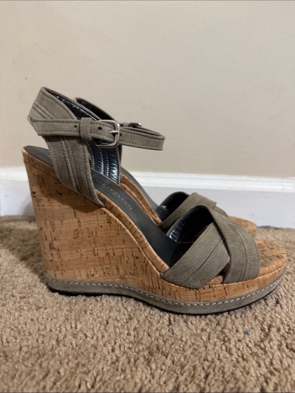 Stuart Weitzman Minx Cork Wedge Sandals Olive Green size 9.5 Boho Comfort Vacay - Picture 5 of 8